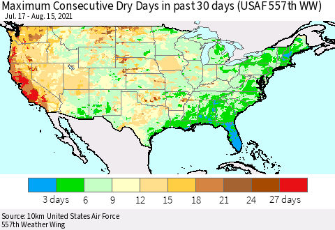 United States Maximum Consecutive Dry Days in past 30 days (USAF 557th WW) 08/15/2021 Thematic Map For 8/11/2021 - 8/15/2021