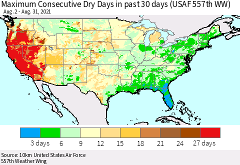 United States Maximum Consecutive Dry Days in past 30 days (USAF 557th WW) 08/31/2021 Thematic Map For 8/26/2021 - 8/31/2021
