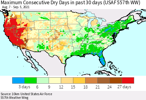 United States Maximum Consecutive Dry Days in past 30 days (USAF 557th WW) 09/05/2021 Thematic Map For 9/1/2021 - 9/5/2021