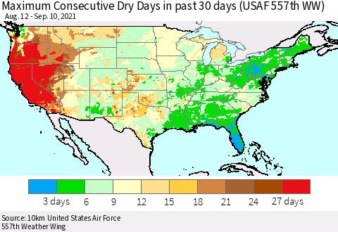 United States Maximum Consecutive Dry Days in past 30 days (USAF 557th WW) 09/10/2021 Thematic Map For 9/6/2021 - 9/10/2021