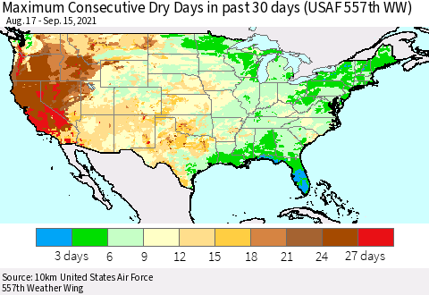 United States Maximum Consecutive Dry Days in past 30 days (USAF 557th WW) 09/15/2021 Thematic Map For 9/11/2021 - 9/15/2021