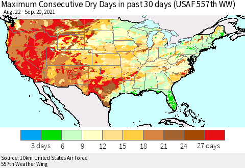 United States Maximum Consecutive Dry Days in past 30 days (USAF 557th WW) 09/20/2021 Thematic Map For 9/16/2021 - 9/20/2021