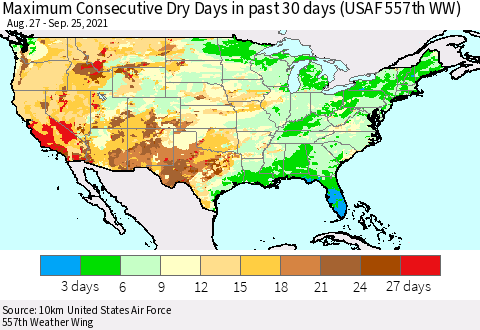 United States Maximum Consecutive Dry Days in past 30 days (USAF 557th WW) 09/25/2021 Thematic Map For 9/21/2021 - 9/25/2021