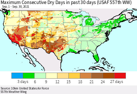 United States Maximum Consecutive Dry Days in past 30 days (USAF 557th WW) 09/30/2021 Thematic Map For 9/26/2021 - 9/30/2021