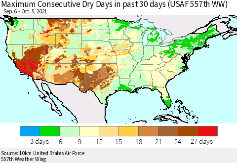 United States Maximum Consecutive Dry Days in past 30 days (USAF 557th WW) 10/05/2021 Thematic Map For 10/1/2021 - 10/5/2021