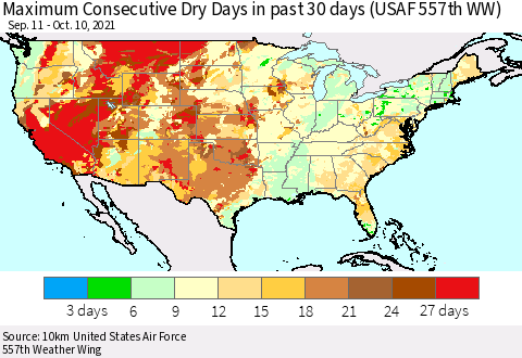 United States Maximum Consecutive Dry Days in past 30 days (USAF 557th WW) 10/10/2021 Thematic Map For 10/6/2021 - 10/10/2021