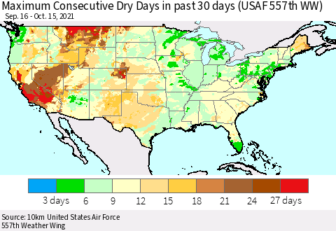United States Maximum Consecutive Dry Days in past 30 days (USAF 557th WW) 10/15/2021 Thematic Map For 10/11/2021 - 10/15/2021