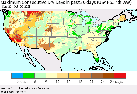 United States Maximum Consecutive Dry Days in past 30 days (USAF 557th WW) 10/20/2021 Thematic Map For 10/16/2021 - 10/20/2021