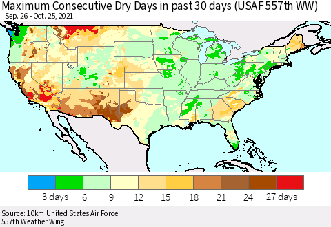 United States Maximum Consecutive Dry Days in past 30 days (USAF 557th WW) 10/25/2021 Thematic Map For 10/21/2021 - 10/25/2021