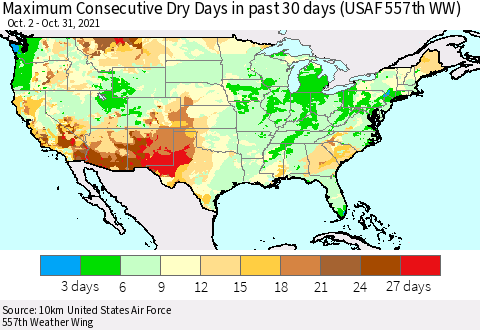 United States Maximum Consecutive Dry Days in past 30 days (USAF 557th WW) 10/31/2021 Thematic Map For 10/26/2021 - 10/31/2021