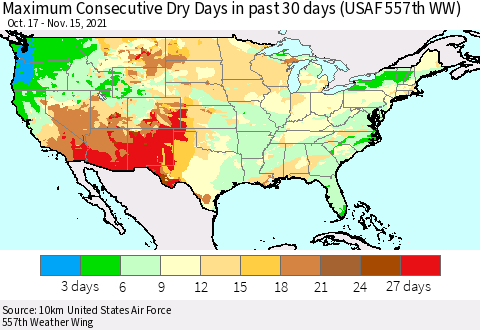 United States Maximum Consecutive Dry Days in past 30 days (USAF 557th WW) 11/15/2021 Thematic Map For 11/11/2021 - 11/15/2021