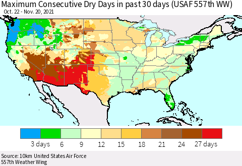 United States Maximum Consecutive Dry Days in past 30 days (USAF 557th WW) 11/20/2021 Thematic Map For 11/16/2021 - 11/20/2021