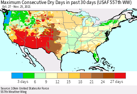 United States Maximum Consecutive Dry Days in past 30 days (USAF 557th WW) 11/25/2021 Thematic Map For 11/21/2021 - 11/25/2021