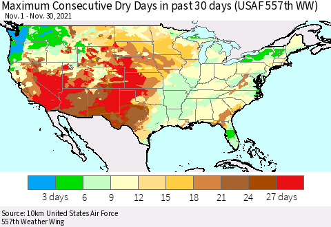 United States Maximum Consecutive Dry Days in past 30 days (USAF 557th WW) 11/30/2021 Thematic Map For 11/26/2021 - 11/30/2021