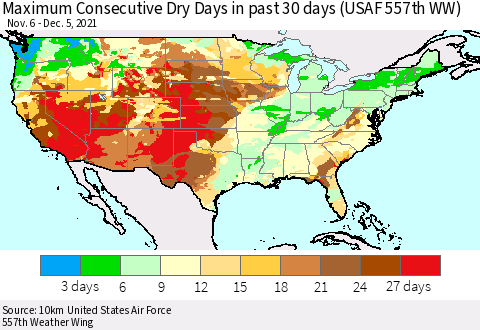 United States Maximum Consecutive Dry Days in past 30 days (USAF 557th WW) 12/05/2021 Thematic Map For 12/1/2021 - 12/5/2021