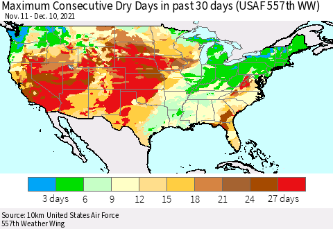 United States Maximum Consecutive Dry Days in past 30 days (USAF 557th WW) 12/10/2021 Thematic Map For 12/6/2021 - 12/10/2021