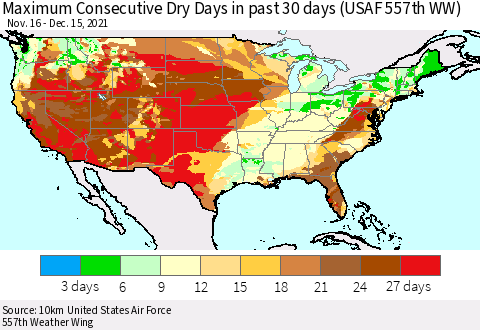 United States Maximum Consecutive Dry Days in past 30 days (USAF 557th WW) 12/15/2021 Thematic Map For 12/11/2021 - 12/15/2021