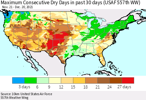 United States Maximum Consecutive Dry Days in past 30 days (USAF 557th WW) 12/20/2021 Thematic Map For 12/16/2021 - 12/20/2021