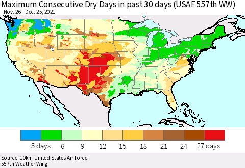 United States Maximum Consecutive Dry Days in past 30 days (USAF 557th WW) 12/25/2021 Thematic Map For 12/21/2021 - 12/25/2021