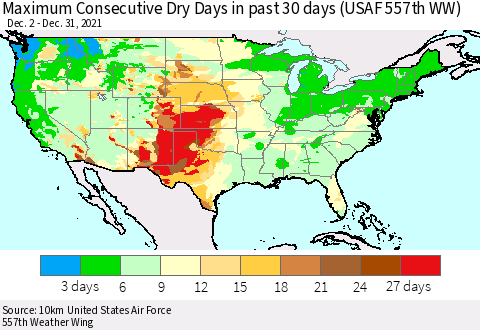 United States Maximum Consecutive Dry Days in past 30 days (USAF 557th WW) 12/31/2021 Thematic Map For 12/26/2021 - 12/31/2021