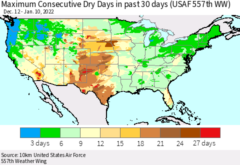 United States Maximum Consecutive Dry Days in past 30 days (USAF 557th WW) 01/10/2022 Thematic Map For 1/6/2022 - 1/10/2022