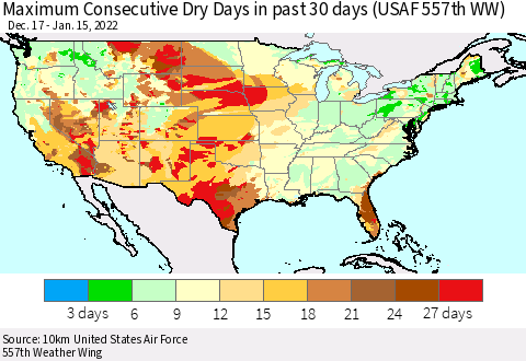 United States Maximum Consecutive Dry Days in past 30 days (USAF 557th WW) 01/15/2022 Thematic Map For 1/11/2022 - 1/15/2022