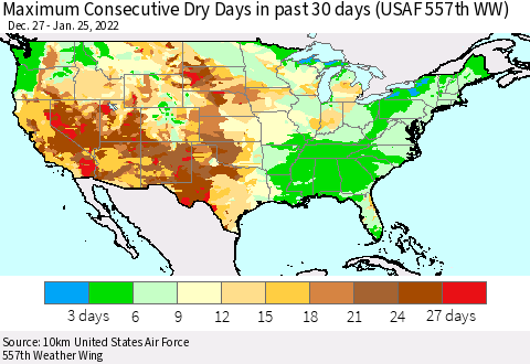 United States Maximum Consecutive Dry Days in past 30 days (USAF 557th WW) 01/25/2022 Thematic Map For 1/21/2022 - 1/25/2022