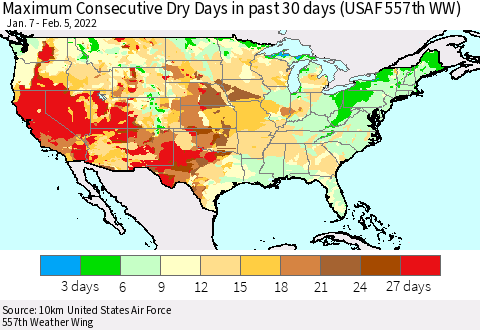 United States Maximum Consecutive Dry Days in past 30 days (USAF 557th WW) 02/05/2022 Thematic Map For 2/1/2022 - 2/5/2022