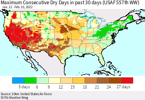 United States Maximum Consecutive Dry Days in past 30 days (USAF 557th WW) 02/10/2022 Thematic Map For 2/6/2022 - 2/10/2022