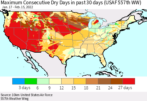 United States Maximum Consecutive Dry Days in past 30 days (USAF 557th WW) 02/15/2022 Thematic Map For 2/11/2022 - 2/15/2022