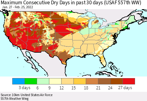 United States Maximum Consecutive Dry Days in past 30 days (USAF 557th WW) 02/25/2022 Thematic Map For 2/21/2022 - 2/25/2022