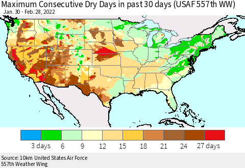 United States Maximum Consecutive Dry Days in past 30 days (USAF 557th WW) 02/28/2022 Thematic Map For 2/26/2022 - 2/28/2022