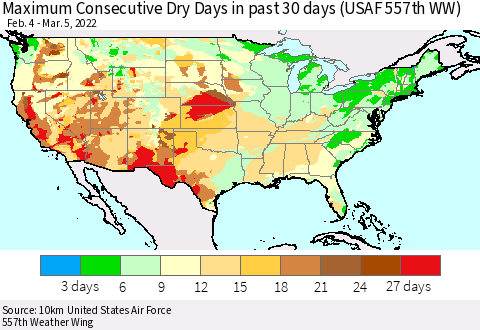 United States Maximum Consecutive Dry Days in past 30 days (USAF 557th WW) 03/05/2022 Thematic Map For 3/1/2022 - 3/5/2022
