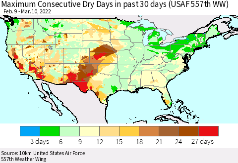 United States Maximum Consecutive Dry Days in past 30 days (USAF 557th WW) 03/10/2022 Thematic Map For 3/6/2022 - 3/10/2022