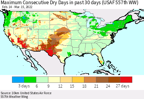 United States Maximum Consecutive Dry Days in past 30 days (USAF 557th WW) 03/15/2022 Thematic Map For 3/11/2022 - 3/15/2022