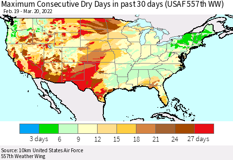United States Maximum Consecutive Dry Days in past 30 days (USAF 557th WW) 03/20/2022 Thematic Map For 3/16/2022 - 3/20/2022