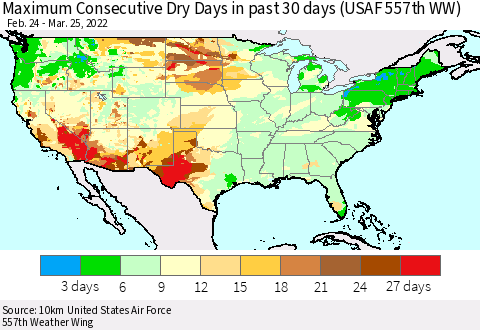 United States Maximum Consecutive Dry Days in past 30 days (USAF 557th WW) 03/25/2022 Thematic Map For 3/21/2022 - 3/25/2022
