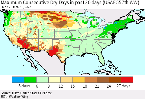 United States Maximum Consecutive Dry Days in past 30 days (USAF 557th WW) 03/31/2022 Thematic Map For 3/26/2022 - 3/31/2022