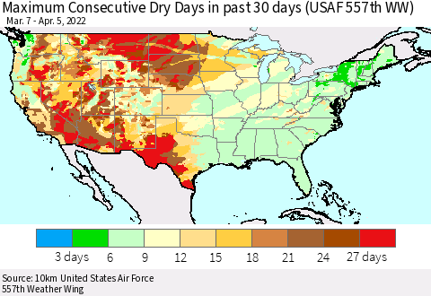 United States Maximum Consecutive Dry Days in past 30 days (USAF 557th WW) 04/05/2022 Thematic Map For 4/1/2022 - 4/5/2022