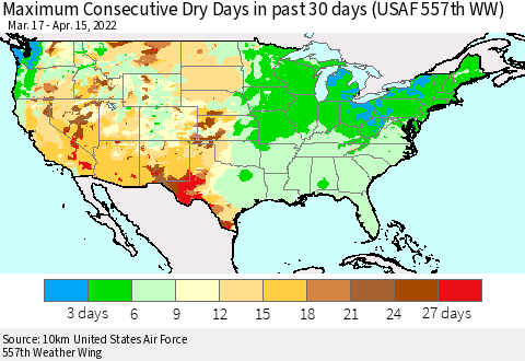 United States Maximum Consecutive Dry Days in past 30 days (USAF 557th WW) 04/15/2022 Thematic Map For 4/11/2022 - 4/15/2022