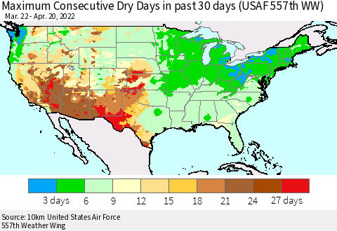 United States Maximum Consecutive Dry Days in past 30 days (USAF 557th WW) 04/20/2022 Thematic Map For 4/16/2022 - 4/20/2022