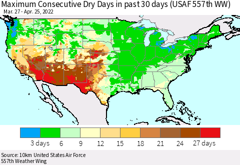 United States Maximum Consecutive Dry Days in past 30 days (USAF 557th WW) 04/25/2022 Thematic Map For 4/21/2022 - 4/25/2022