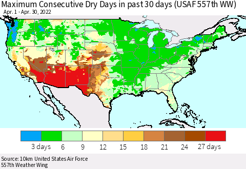 United States Maximum Consecutive Dry Days in past 30 days (USAF 557th WW) 04/30/2022 Thematic Map For 4/26/2022 - 4/30/2022