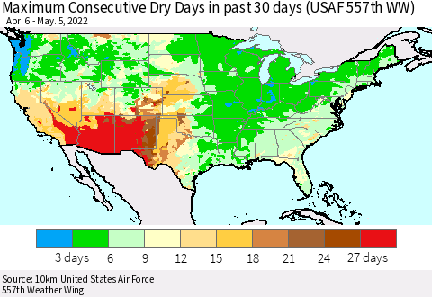 United States Maximum Consecutive Dry Days in past 30 days (USAF 557th WW) 05/05/2022 Thematic Map For 5/1/2022 - 5/5/2022