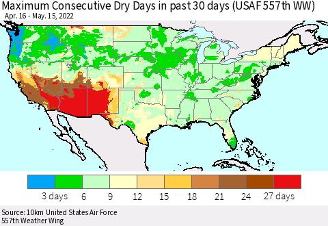 United States Maximum Consecutive Dry Days in past 30 days (USAF 557th WW) 05/15/2022 Thematic Map For 5/11/2022 - 5/15/2022