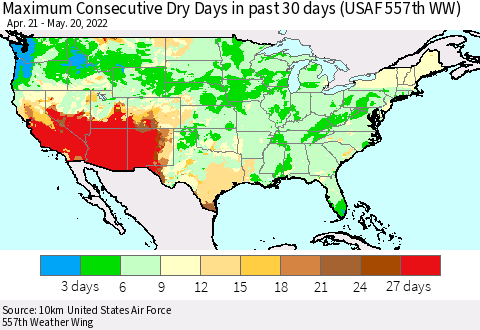 United States Maximum Consecutive Dry Days in past 30 days (USAF 557th WW) 05/20/2022 Thematic Map For 5/16/2022 - 5/20/2022