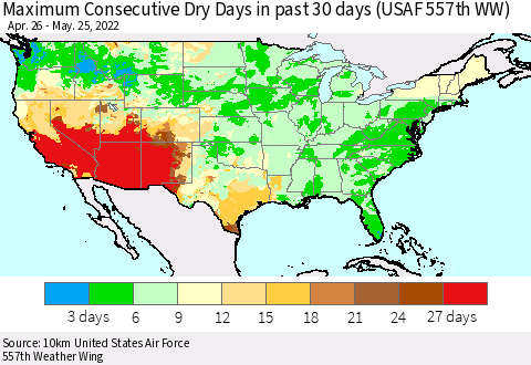 United States Maximum Consecutive Dry Days in past 30 days (USAF 557th WW) 05/25/2022 Thematic Map For 5/21/2022 - 5/25/2022