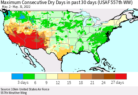 United States Maximum Consecutive Dry Days in past 30 days (USAF 557th WW) 05/31/2022 Thematic Map For 5/26/2022 - 5/31/2022