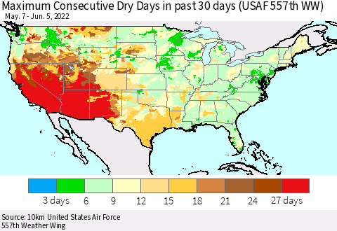 United States Maximum Consecutive Dry Days in past 30 days (USAF 557th WW) 06/05/2022 Thematic Map For 6/1/2022 - 6/5/2022