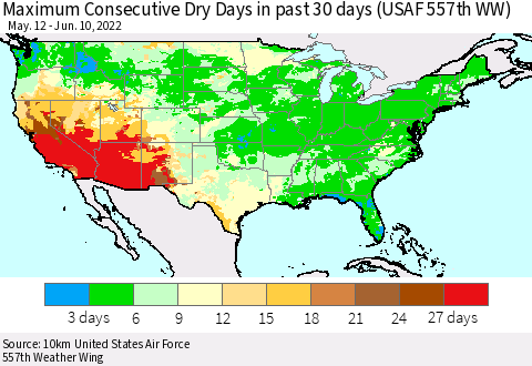 United States Maximum Consecutive Dry Days in past 30 days (USAF 557th WW) 06/10/2022 Thematic Map For 6/6/2022 - 6/10/2022